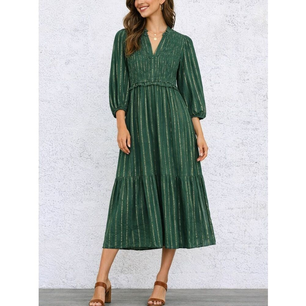 Umgee Green Metallic Stripe Ruffle Trim Midi Dress Boho Peasant Size S